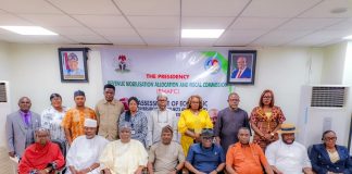 4th L: Hon. Victor Eboigbe, Chairman, RMAFC Mobilization and Diversification Committee, and Fed Commissioner, Edo State; 3rd L: Hon. Kabeer Usman, Fed Commissioner Gombe State; 2nd L: Hon. Akeem Amosun, Fed Commissioner Ogun State; 2nd R: Hon. Aruviere Egharhevwa, Fed Commissioner Delta State amongst other Delta State officials and RMAFC Staff during the meeting.