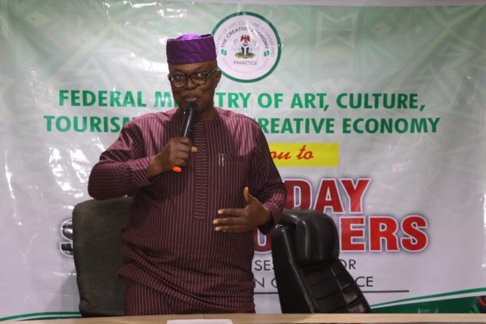 Barr. Peter Mbam, Director Legal, representative of the Permanent Secretary, Mr. Abdulkarim Ozi Ibrahim delivering the PS opening remarks at the FMACTCE'S Stakeholders' engagement session for Data Protection compliance in Abuja.