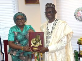 R-L The Executive Secretary of PTDF, Professor Shu'aibu Shehu Aliyu posed for a photograph with the Ag. National Coordinator/CEO of the SERVICOM Office, Mrs. Helen Lawal during the courtesy visit/official inauguration of the Parastatal SERVICOM Unit and Committee (PSU/PSC) at the Fund’s Head Office in Abuja on 16th July, 2026.