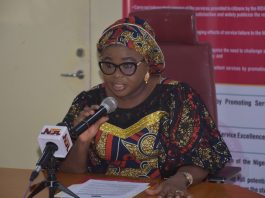 The Acting National Coordinator/ Chief Executive Officer SERVICOM Office, Mrs. Helen Lawal presenting her Opening Remark and Declaring Open the 2nd Quarter Charter Performance Reporting Breakfast Meeting with MDAs Held at SERVICOM Head Office, Federal Secretariat Complex, Phase III Abuja on 20th July, 2026.