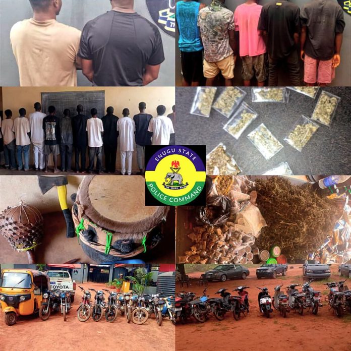 IMG-20260721-WA0099 Enugu Police Nab 20 Suspected Cultists, Drug Dealers, Recover 22 Motorcycles, Tricycle