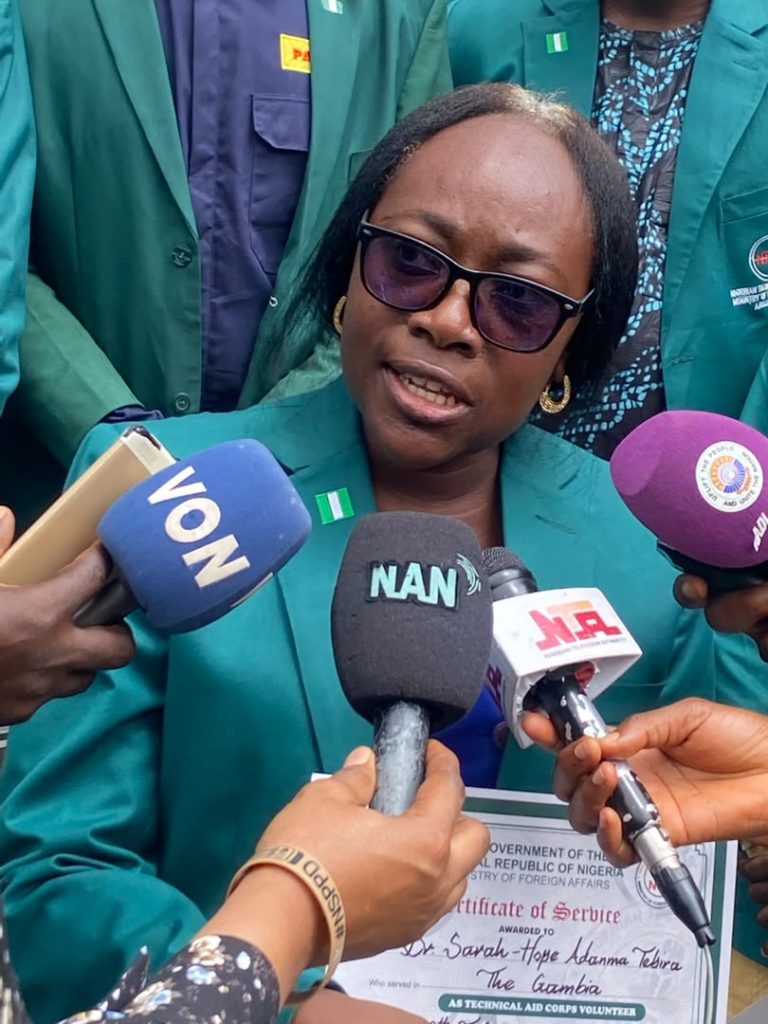 Dr. Tebira A. Sarah-Hope, a Returning NTAC Volunteer from The Gambia, speaking during a media interview at the Debriefing and Support Session, held on Monday, 20th July, 2026, at the NTAC Complex, Abuja.