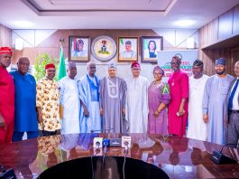 (R–L) Assistant Legal Adviser, Rt. Hon. David Iorhemba; Financial Secretary, Rt. Hon. Nasiru Mu'azu; Rt. Hon. John Audu; Deputy National Chairman, Forum of All Progressives Congress (APC) Former Presiding Officers of State Houses of Assembly (FOPSHA), Rt. Hon. Victor S. Edoro; Rt. Hon. Olubunmi Adelugba; Chairman, Forum of All Progressives Congress (APC) Former Presiding Officers of State Houses of Assembly (FOPSHA), Rt. Hon. Senator Wasiu Esinlokun; Honourable Minister of Information and National Orientation, Mohammed Idris, fnipr; Secretary, APC-FOPSHA, Prof. Matoh D. Dogara; Deputy Chairman, APC-FOPSHA, Rt. Hon. Ahmed Marafa; Treasurer, APC-FOPSHA, Rt. Hon. Odefa O. Odefa; Rt. Hon. Surveyor Jonas Okeke, fnis; and Rt. Hon. Bamidele David Oleyelogun, during a courtesy visit by the Forum of All Progressives Congress (APC) Former Presiding Officers of State Houses of Assembly (FOPSHA) to the Honourable Minister on July 21, 2026, in Abuja. Photo: Khalid Ahmed/FMINO.