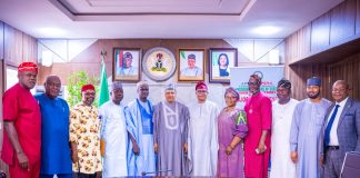 (R–L) Assistant Legal Adviser, Rt. Hon. David Iorhemba; Financial Secretary, Rt. Hon. Nasiru Mu'azu; Rt. Hon. John Audu; Deputy National Chairman, Forum of All Progressives Congress (APC) Former Presiding Officers of State Houses of Assembly (FOPSHA), Rt. Hon. Victor S. Edoro; Rt. Hon. Olubunmi Adelugba; Chairman, Forum of All Progressives Congress (APC) Former Presiding Officers of State Houses of Assembly (FOPSHA), Rt. Hon. Senator Wasiu Esinlokun; Honourable Minister of Information and National Orientation, Mohammed Idris, fnipr; Secretary, APC-FOPSHA, Prof. Matoh D. Dogara; Deputy Chairman, APC-FOPSHA, Rt. Hon. Ahmed Marafa; Treasurer, APC-FOPSHA, Rt. Hon. Odefa O. Odefa; Rt. Hon. Surveyor Jonas Okeke, fnis; and Rt. Hon. Bamidele David Oleyelogun, during a courtesy visit by the Forum of All Progressives Congress (APC) Former Presiding Officers of State Houses of Assembly (FOPSHA) to the Honourable Minister on July 21, 2026, in Abuja. Photo: Khalid Ahmed/FMINO.