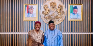 Secretary to the Government of the Federation, Sen. George Akume, CON, in a friendly handshake with the Chairman of Code of Conduct Tribunal, Dr. Mainasara Umar Kogo, during a courtesy visit to the SGF in Abuja.