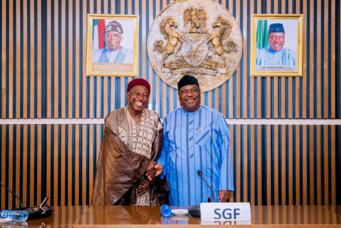 Secretary to the Government of the Federation, Sen. George Akume, CON, in a friendly handshake with the Chairman of Code of Conduct Tribunal, Dr. Mainasara Umar Kogo, during a courtesy visit to the SGF in Abuja.