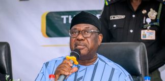 Secretary to the Government of the Federation, Sen. George Akume, CON, making his speech during the inauguration ceremony of Surveyors Council of Nigeria (SURCON) in Abuja.