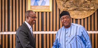 Secretary to the Government of the Federation, Sen. George Akume CON (right) welcoming the the Special Advisor to the President of Uganda on Exports and Industry Mr. Odrek Rwabwogo to his office on Tuesday 21st July, 2026 in Abuja.