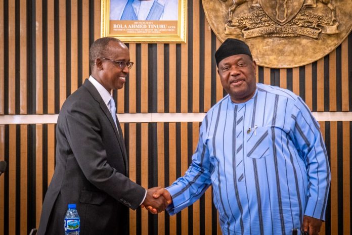 Secretary to the Government of the Federation, Sen. George Akume CON (right) welcoming the the Special Advisor to the President of Uganda on Exports and Industry Mr. Odrek Rwabwogo to his office on Tuesday 21st July, 2026 in Abuja.