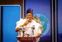 Secretary to the Government of the Federation, Sen. George Akume CON delivering his address at the 18th International Maritime Seminar for Judges taking place in Abuja.