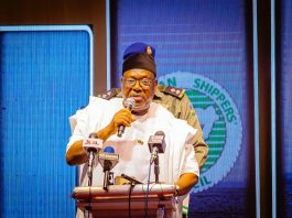 Secretary to the Government of the Federation, Sen. George Akume CON delivering his address at the 18th International Maritime Seminar for Judges taking place in Abuja.