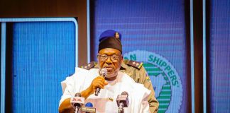 Secretary to the Government of the Federation, Sen. George Akume CON delivering his address at the 18th International Maritime Seminar for Judges taking place in Abuja.