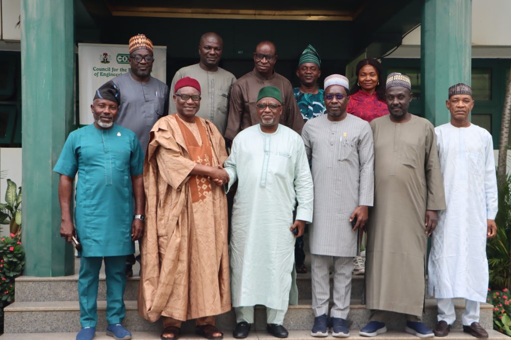 The President of COREN, Engr. Prof. Sadiq Zubair Abubakar, FNSE, FAEng (front row, centre), with the Chairman of the Council of Registered Builders of Nigeria (CORBON), Bldr. Samson Ameh Opaluwah (front row, second left), and members of the CORBON delegation during a courtesy visit to the COREN Headquarters, Abuja, on Thursday, 23 July 2026.