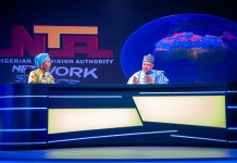 (L–R) Newscaster, Nigerian Television Authority (NTA), Ms. Ruth Aguele, interviews the Honourable Minister of Information and National Orientation, Mohammed Idris, fnipr, at the newly commissioned Network News Studio (Studio C) during the Honourable Minister's inspection visit to the NTA Headquarters on July 27, 2026, in Abuja. Photo: Khalid Ahmed/FMINO.