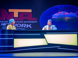 (L–R) Newscaster, Nigerian Television Authority (NTA), Ms. Ruth Aguele, interviews the Honourable Minister of Information and National Orientation, Mohammed Idris, fnipr, at the newly commissioned Network News Studio (Studio C) during the Honourable Minister's inspection visit to the NTA Headquarters on July 27, 2026, in Abuja. Photo: Khalid Ahmed/FMINO.
