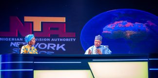 (L–R) Newscaster, Nigerian Television Authority (NTA), Ms. Ruth Aguele, interviews the Honourable Minister of Information and National Orientation, Mohammed Idris, fnipr, at the newly commissioned Network News Studio (Studio C) during the Honourable Minister's inspection visit to the NTA Headquarters on July 27, 2026, in Abuja. Photo: Khalid Ahmed/FMINO.