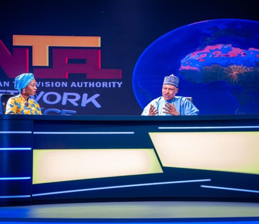 (L–R) Newscaster, Nigerian Television Authority (NTA), Ms. Ruth Aguele, interviews the Honourable Minister of Information and National Orientation, Mohammed Idris, fnipr, at the newly commissioned Network News Studio (Studio C) during the Honourable Minister's inspection visit to the NTA Headquarters on July 27, 2026, in Abuja. Photo: Khalid Ahmed/FMINO.