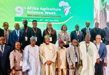 The Minister of Agriculture and Food Security, Sen Abubakar Kyari (C) and other stakeholders during the opening of Africa Agriculture Science Week.