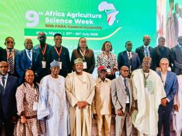 The Minister of Agriculture and Food Security, Sen Abubakar Kyari (C) and other stakeholders during the opening of Africa Agriculture Science Week.
