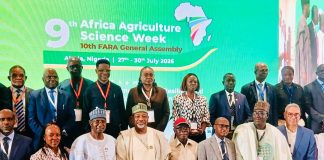 The Minister of Agriculture and Food Security, Sen Abubakar Kyari (C) and other stakeholders during the opening of Africa Agriculture Science Week.
