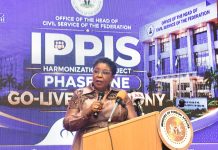 Head of the Civil Service of the Federation, Mrs. Didi Esther Walson-Jack OON, mni, giving her Keynote Address at the IPPIS Data Harmonization Project, Go-Live Ceremony in Abuja.