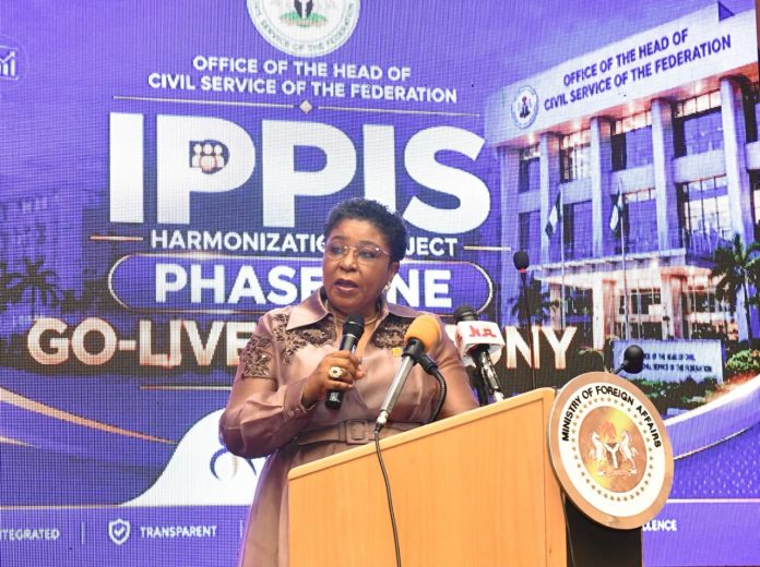 Head of the Civil Service of the Federation, Mrs. Didi Esther Walson-Jack OON, mni, giving her Keynote Address at the IPPIS Data Harmonization Project, Go-Live Ceremony in Abuja.