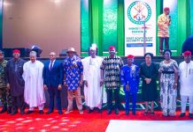 (L–R) Chief of the Air Staff, Air Marshal Sunday Kelvin Aneke; Keynote Speaker and former Chief of Army Staff, Lieutenant General O.A. Ihejirika (Rtd.), CFR; Honourable Minister of Information and National Orientation, Mohammed Idris, fnipr; Deputy Governor of Enugu State, Barr. Ifeanyi Ossai; Deputy Speaker, House of Representatives, Rt. Hon. Benjamin Okezie Kalu; Chairman, Senate Committee on Army and Representative of the President of the Senate, Senator Abdulaziz Musa Yar'Adua; Honourable Minister of Defence, General Christopher Gwabin Musa (rtd); Governor of Abia State, Dr. Alex Otti, OFR; Retired Justice of the Supreme Court of Nigeria and former First Lady of Rivers State, Hon. Justice Mary Odili, JSC (Rtd.); Deputy Governor of Imo State and Representative of the Governor of Imo State, Lady Chinyere Ekomaru; and Speaker of Ebonyi State House of Assembly and Representative of the Governor of Ebonyi State, Mr. Moses Ije Odunwa, during the First South East Security Summit on July 30, 2026, in Umuahia, Abia State. Photo: Khalid Ahmed/FMINO.