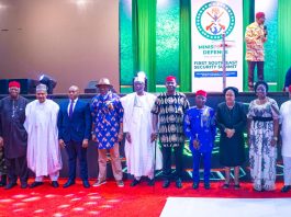 (L–R) Chief of the Air Staff, Air Marshal Sunday Kelvin Aneke; Keynote Speaker and former Chief of Army Staff, Lieutenant General O.A. Ihejirika (Rtd.), CFR; Honourable Minister of Information and National Orientation, Mohammed Idris, fnipr; Deputy Governor of Enugu State, Barr. Ifeanyi Ossai; Deputy Speaker, House of Representatives, Rt. Hon. Benjamin Okezie Kalu; Chairman, Senate Committee on Army and Representative of the President of the Senate, Senator Abdulaziz Musa Yar'Adua; Honourable Minister of Defence, General Christopher Gwabin Musa (rtd); Governor of Abia State, Dr. Alex Otti, OFR; Retired Justice of the Supreme Court of Nigeria and former First Lady of Rivers State, Hon. Justice Mary Odili, JSC (Rtd.); Deputy Governor of Imo State and Representative of the Governor of Imo State, Lady Chinyere Ekomaru; and Speaker of Ebonyi State House of Assembly and Representative of the Governor of Ebonyi State, Mr. Moses Ije Odunwa, during the First South East Security Summit on July 30, 2026, in Umuahia, Abia State. Photo: Khalid Ahmed/FMINO.