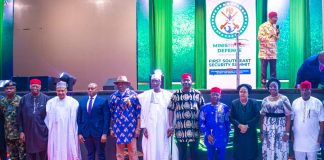 (L–R) Chief of the Air Staff, Air Marshal Sunday Kelvin Aneke; Keynote Speaker and former Chief of Army Staff, Lieutenant General O.A. Ihejirika (Rtd.), CFR; Honourable Minister of Information and National Orientation, Mohammed Idris, fnipr; Deputy Governor of Enugu State, Barr. Ifeanyi Ossai; Deputy Speaker, House of Representatives, Rt. Hon. Benjamin Okezie Kalu; Chairman, Senate Committee on Army and Representative of the President of the Senate, Senator Abdulaziz Musa Yar'Adua; Honourable Minister of Defence, General Christopher Gwabin Musa (rtd); Governor of Abia State, Dr. Alex Otti, OFR; Retired Justice of the Supreme Court of Nigeria and former First Lady of Rivers State, Hon. Justice Mary Odili, JSC (Rtd.); Deputy Governor of Imo State and Representative of the Governor of Imo State, Lady Chinyere Ekomaru; and Speaker of Ebonyi State House of Assembly and Representative of the Governor of Ebonyi State, Mr. Moses Ije Odunwa, during the First South East Security Summit on July 30, 2026, in Umuahia, Abia State. Photo: Khalid Ahmed/FMINO.