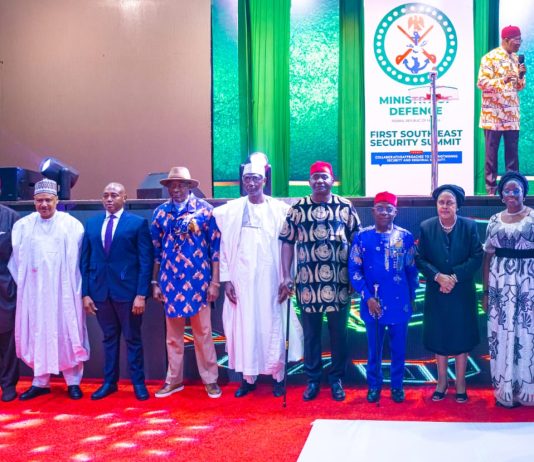 (L–R) Chief of the Air Staff, Air Marshal Sunday Kelvin Aneke; Keynote Speaker and former Chief of Army Staff, Lieutenant General O.A. Ihejirika (Rtd.), CFR; Honourable Minister of Information and National Orientation, Mohammed Idris, fnipr; Deputy Governor of Enugu State, Barr. Ifeanyi Ossai; Deputy Speaker, House of Representatives, Rt. Hon. Benjamin Okezie Kalu; Chairman, Senate Committee on Army and Representative of the President of the Senate, Senator Abdulaziz Musa Yar'Adua; Honourable Minister of Defence, General Christopher Gwabin Musa (rtd); Governor of Abia State, Dr. Alex Otti, OFR; Retired Justice of the Supreme Court of Nigeria and former First Lady of Rivers State, Hon. Justice Mary Odili, JSC (Rtd.); Deputy Governor of Imo State and Representative of the Governor of Imo State, Lady Chinyere Ekomaru; and Speaker of Ebonyi State House of Assembly and Representative of the Governor of Ebonyi State, Mr. Moses Ije Odunwa, during the First South East Security Summit on July 30, 2026, in Umuahia, Abia State. Photo: Khalid Ahmed/FMINO.