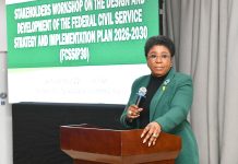 Head of the Civil Service of the Federation, Mrs. Didi Esther Walson-Jack OON, mni, giving her Remarks at the Opening Ceremony of Stakeholders Workshop on the Design and Development of the Federal Civil Service Strategy and Implementation Plan 2026-2030 (FCSSIP30) in Abuja.