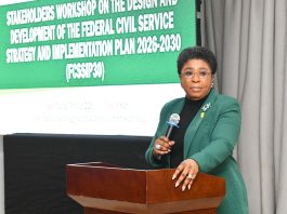 Head of the Civil Service of the Federation, Mrs. Didi Esther Walson-Jack OON, mni, giving her Remarks at the Opening Ceremony of Stakeholders Workshop on the Design and Development of the Federal Civil Service Strategy and Implementation Plan 2026-2030 (FCSSIP30) in Abuja.