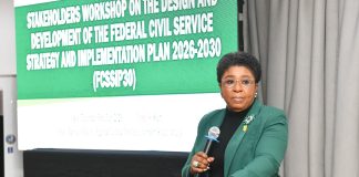 Head of the Civil Service of the Federation, Mrs. Didi Esther Walson-Jack OON, mni, giving her Remarks at the Opening Ceremony of Stakeholders Workshop on the Design and Development of the Federal Civil Service Strategy and Implementation Plan 2026-2030 (FCSSIP30) in Abuja.
