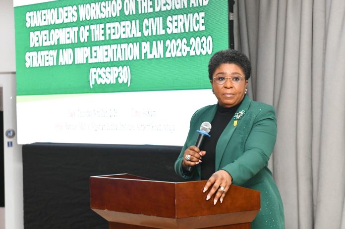 Head of the Civil Service of the Federation, Mrs. Didi Esther Walson-Jack OON, mni, giving her Remarks at the Opening Ceremony of Stakeholders Workshop on the Design and Development of the Federal Civil Service Strategy and Implementation Plan 2026-2030 (FCSSIP30) in Abuja.