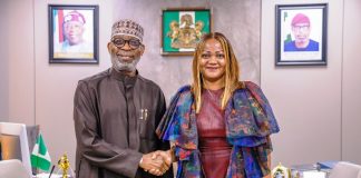 Minister of Solid Minerals Development, Mr. Dele Alake (left), with the Director-General/Chief Executive Officer of the National Identity Management Commission (NIMC), Engr. (Dr.) Abisoye Coker-Odusote, during a courtesy visit by the NIMC delegation to the Minister in Abuja.