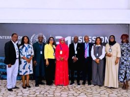 *Nigeria’s Delegation to the 31st Session of the International Seabed Authority:* The Permanent Secretary, Federal Ministry of Marine & Blue Economy, FMMBE, Mrs. Fatima Sugra Tabi'a Mahmood, (5th left), Director, Marine Abiotic Resources, FMMBE, Mrs. Angela Okereke (4th left), Director-General, Nigerian Maritime Administration & Safety Agency, Dr. Dayo Mobereola (6th left) with other delegates.