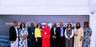 *Nigeria’s Delegation to the 31st Session of the International Seabed Authority:* The Permanent Secretary, Federal Ministry of Marine & Blue Economy, FMMBE, Mrs. Fatima Sugra Tabi'a Mahmood, (5th left), Director, Marine Abiotic Resources, FMMBE, Mrs. Angela Okereke (4th left), Director-General, Nigerian Maritime Administration & Safety Agency, Dr. Dayo Mobereola (6th left) with other delegates.