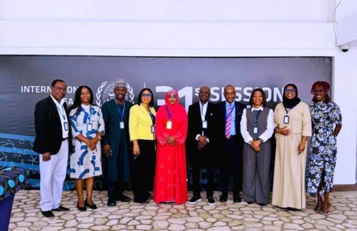*Nigeria’s Delegation to the 31st Session of the International Seabed Authority:* The Permanent Secretary, Federal Ministry of Marine & Blue Economy, FMMBE, Mrs. Fatima Sugra Tabi'a Mahmood, (5th left), Director, Marine Abiotic Resources, FMMBE, Mrs. Angela Okereke (4th left), Director-General, Nigerian Maritime Administration & Safety Agency, Dr. Dayo Mobereola (6th left) with other delegates.