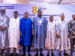 8TH BLUEPRINT NEWSPAPERS PUBLIC LECTURE, IMPACT SERIES AND AWARDS (L–R) The Andoma of Doma, Alhaji Dr. Ahmadu Aliyu Ogah Onawo; Representative of the Etsu Nupe; former Governor of Niger State, Senator Dr. Abubakar Sani Bello; Governor of Zamfara State, His Excellency Dauda Lawal; National Chairman of the All Progressives Congress (APC), Prof. Nentawe Yilwatda; Chairman, Senate Committee on Water Resources, Senator Abdulazeez Yari; Honourable Minister of Information and National Orientation, Mohammed Idris, fnipr; and Deputy Governor of Enugu State, Ifeanyi Ossai, during the 8th Blueprint Newspapers Public Lecture, Impact Series and Awards on August 18, 2026. Photo: Khalid Ahmed/FMINO.