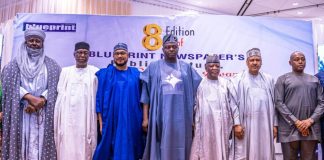 8TH BLUEPRINT NEWSPAPERS PUBLIC LECTURE, IMPACT SERIES AND AWARDS (L–R) The Andoma of Doma, Alhaji Dr. Ahmadu Aliyu Ogah Onawo; Representative of the Etsu Nupe; former Governor of Niger State, Senator Dr. Abubakar Sani Bello; Governor of Zamfara State, His Excellency Dauda Lawal; National Chairman of the All Progressives Congress (APC), Prof. Nentawe Yilwatda; Chairman, Senate Committee on Water Resources, Senator Abdulazeez Yari; Honourable Minister of Information and National Orientation, Mohammed Idris, fnipr; and Deputy Governor of Enugu State, Ifeanyi Ossai, during the 8th Blueprint Newspapers Public Lecture, Impact Series and Awards on August 18, 2026. Photo: Khalid Ahmed/FMINO.