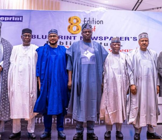 8TH BLUEPRINT NEWSPAPERS PUBLIC LECTURE, IMPACT SERIES AND AWARDS (L–R) The Andoma of Doma, Alhaji Dr. Ahmadu Aliyu Ogah Onawo; Representative of the Etsu Nupe; former Governor of Niger State, Senator Dr. Abubakar Sani Bello; Governor of Zamfara State, His Excellency Dauda Lawal; National Chairman of the All Progressives Congress (APC), Prof. Nentawe Yilwatda; Chairman, Senate Committee on Water Resources, Senator Abdulazeez Yari; Honourable Minister of Information and National Orientation, Mohammed Idris, fnipr; and Deputy Governor of Enugu State, Ifeanyi Ossai, during the 8th Blueprint Newspapers Public Lecture, Impact Series and Awards on August 18, 2026. Photo: Khalid Ahmed/FMINO.