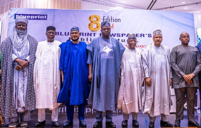 8TH BLUEPRINT NEWSPAPERS PUBLIC LECTURE 8TH BLUEPRINT NEWSPAPERS PUBLIC LECTURE, IMPACT SERIES AND AWARDS (L–R) The Andoma of Doma, Alhaji Dr. Ahmadu Aliyu Ogah Onawo; Representative of the Etsu Nupe; former Governor of Niger State, Senator Dr. Abubakar Sani Bello; Governor of Zamfara State, His Excellency Dauda Lawal; National Chairman of the All Progressives Congress (APC), Prof. Nentawe Yilwatda; Chairman, Senate Committee on Water Resources, Senator Abdulazeez Yari; Honourable Minister of Information and National Orientation, Mohammed Idris, fnipr; and Deputy Governor of Enugu State, Ifeanyi Ossai, during the 8th Blueprint Newspapers Public Lecture, Impact Series and Awards on August 18, 2026. Photo: Khalid Ahmed/FMINO.