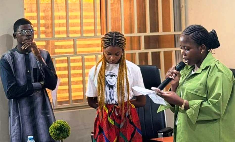 CORPER AREMU EBUNOLUWA TOLUWANI (R), GIVING THE VOTE OF THANKS WHILE CORPERS OKOBI FAVOUR (M) AND SALIHU
MUHAMMAD BASHIR ADAMU
(L), LOOKS ON DURING THE INTERACTIVE SESSION BETWEEN NTAC MANAGEMENT, CORPS MEMBERS, AND INTERNS ON THE *16TH OF JULY, 2026*
