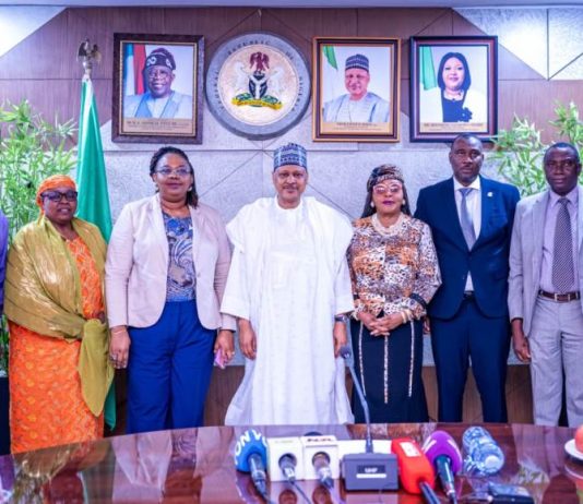 INAUGURATION OF THE ADVERTISING OFFENCES TRIBUNAL (L–R) Dr. Ken Onyeali Ikpe, frpa; Merga Tyowanan Kachina, Esq.; Musa Ahmed Attah, SAN; Hon. Justice Cecilia M. A. Olatoregun; Honourable Minister of Information and National Orientation, Mohammed Idris, fnipr; Permanent Secretary, Federal Ministry of Information and National Orientation, Dr. Binyerem C. Ukaire, FWACS; Hajia Sa'a Ibrahim, rpa; and Director-General, Advertising Regulatory Council of Nigeria (ARCON), Dr. Olalekan Olumuyiwa Fadolapo, during the Inauguration of the Advertising Offences Tribunal on August 11, 2026, in Abuja. Photo: Khalid Ahmed/FMINO.