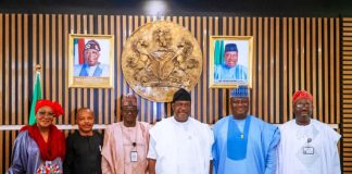 Secretary to the Government of the Federation, Sen. George Akume, CON, (3rd right), flanked by the Chairman of the Board of National Salaries, Incomes and Wages Commission (NSIWC) Major General Junaid Bindawa (Rtd), (3rd left), President of Nigeria Labour Congress (NLC) Comrade Jeo Ajero, Secretary of the Board of NSIWC Olajumoke Okoya - Thomas, the Permanent Secretary (GSO) Dr. Ibrahim Abubakar Kana mni (2nd right) and the Permanent Secretary, Federal Ministry of Labour and Employment Dr. Kamil A. Shoretire (1st right) a group photograph during the inauguration ceremony on Friday, 14th August 2026 in Abuja.
