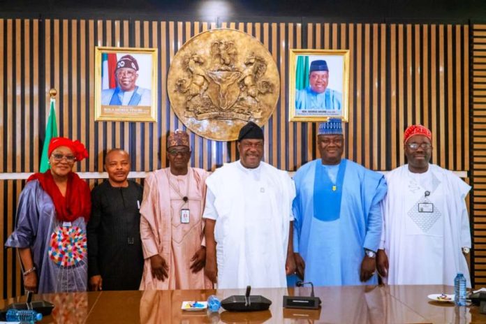 FG Inaugurates New Board Of National Salaries Secretary to the Government of the Federation, Sen. George Akume, CON, (3rd right), flanked by the Chairman of the Board of National Salaries, Incomes and Wages Commission (NSIWC) Major General Junaid Bindawa (Rtd), (3rd left), President of Nigeria Labour Congress (NLC) Comrade Jeo Ajero, Secretary of the Board of NSIWC Olajumoke Okoya - Thomas, the Permanent Secretary (GSO) Dr. Ibrahim Abubakar Kana mni (2nd right) and the Permanent Secretary, Federal Ministry of Labour and Employment Dr. Kamil A. Shoretire (1st right) a group photograph during the inauguration ceremony on Friday, 14th August 2026 in Abuja.