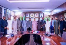 COURTESY VISIT BY THE SPECIAL ADVISER TO THE PRESIDENT ON HOMELAND SECURITY (L–R) Director-General, News Agency of Nigeria (NAN), Ali M. Ali; Director-General, Nigerian Television Authority (NTA), Mallam Salihu Abdulhamid Dembos, fnipr; Director-General, Voice of Nigeria (VON), Mallam Jibrin Baba Ndace; Coordinator, Intelligence and Analysis, Office of the Special Adviser to the President on Homeland Security, Major General Emmanuel Ndagi (Rtd.); Director, Public Communications, Federal Ministry of Information and National Orientation, Mr. Henshaw Ogubike; Coordinator, Operations, Office of the Special Adviser to the President on Homeland Security, Major General Hassan Dada (Rtd.); Permanent Secretary, Federal Ministry of Information and National Orientation, Dr. Binyerem C. Ukaire, FWACS; Honourable Minister of Information and National Orientation, Mohammed Idris, fnipr; Special Adviser to the President on Homeland Security, Major General Adeyinka A. Famadewa (Rtd.); Coordinator, Liaison/Linkages, Office of the Special Adviser to the President on Homeland Security, Sanusi Turay; Information Analyst, Office of the Special Adviser to the President on Homeland Security, Yosola Dawodu; Special Assistant to the Special Advisers, Lt. Col. Chinedu Chikwe; Special Assistant, Special Duties, Onoriode Okpogoro; and Director-General, National Broadcasting Commission (NBC), Mr. Charles Ebuebu, during a courtesy visit by the Special Adviser to the President on Homeland Security to the Honourable Minister on August 13, 2026, in Abuja. Photo: Khalid Ahmed/FMINO.