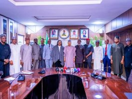 COURTESY VISIT BY THE SPECIAL ADVISER TO THE PRESIDENT ON HOMELAND SECURITY (L–R) Director-General, News Agency of Nigeria (NAN), Ali M. Ali; Director-General, Nigerian Television Authority (NTA), Mallam Salihu Abdulhamid Dembos, fnipr; Director-General, Voice of Nigeria (VON), Mallam Jibrin Baba Ndace; Coordinator, Intelligence and Analysis, Office of the Special Adviser to the President on Homeland Security, Major General Emmanuel Ndagi (Rtd.); Director, Public Communications, Federal Ministry of Information and National Orientation, Mr. Henshaw Ogubike; Coordinator, Operations, Office of the Special Adviser to the President on Homeland Security, Major General Hassan Dada (Rtd.); Permanent Secretary, Federal Ministry of Information and National Orientation, Dr. Binyerem C. Ukaire, FWACS; Honourable Minister of Information and National Orientation, Mohammed Idris, fnipr; Special Adviser to the President on Homeland Security, Major General Adeyinka A. Famadewa (Rtd.); Coordinator, Liaison/Linkages, Office of the Special Adviser to the President on Homeland Security, Sanusi Turay; Information Analyst, Office of the Special Adviser to the President on Homeland Security, Yosola Dawodu; Special Assistant to the Special Advisers, Lt. Col. Chinedu Chikwe; Special Assistant, Special Duties, Onoriode Okpogoro; and Director-General, National Broadcasting Commission (NBC), Mr. Charles Ebuebu, during a courtesy visit by the Special Adviser to the President on Homeland Security to the Honourable Minister on August 13, 2026, in Abuja. Photo: Khalid Ahmed/FMINO.