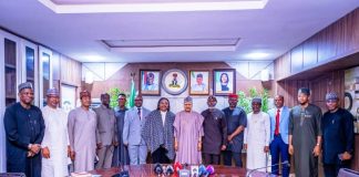 COURTESY VISIT BY THE SPECIAL ADVISER TO THE PRESIDENT ON HOMELAND SECURITY (L–R) Director-General, News Agency of Nigeria (NAN), Ali M. Ali; Director-General, Nigerian Television Authority (NTA), Mallam Salihu Abdulhamid Dembos, fnipr; Director-General, Voice of Nigeria (VON), Mallam Jibrin Baba Ndace; Coordinator, Intelligence and Analysis, Office of the Special Adviser to the President on Homeland Security, Major General Emmanuel Ndagi (Rtd.); Director, Public Communications, Federal Ministry of Information and National Orientation, Mr. Henshaw Ogubike; Coordinator, Operations, Office of the Special Adviser to the President on Homeland Security, Major General Hassan Dada (Rtd.); Permanent Secretary, Federal Ministry of Information and National Orientation, Dr. Binyerem C. Ukaire, FWACS; Honourable Minister of Information and National Orientation, Mohammed Idris, fnipr; Special Adviser to the President on Homeland Security, Major General Adeyinka A. Famadewa (Rtd.); Coordinator, Liaison/Linkages, Office of the Special Adviser to the President on Homeland Security, Sanusi Turay; Information Analyst, Office of the Special Adviser to the President on Homeland Security, Yosola Dawodu; Special Assistant to the Special Advisers, Lt. Col. Chinedu Chikwe; Special Assistant, Special Duties, Onoriode Okpogoro; and Director-General, National Broadcasting Commission (NBC), Mr. Charles Ebuebu, during a courtesy visit by the Special Adviser to the President on Homeland Security to the Honourable Minister on August 13, 2026, in Abuja. Photo: Khalid Ahmed/FMINO.