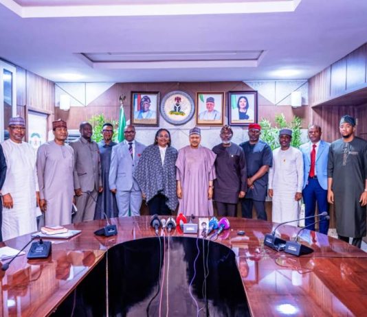 COURTESY VISIT BY THE SPECIAL ADVISER TO THE PRESIDENT ON HOMELAND SECURITY (L–R) Director-General, News Agency of Nigeria (NAN), Ali M. Ali; Director-General, Nigerian Television Authority (NTA), Mallam Salihu Abdulhamid Dembos, fnipr; Director-General, Voice of Nigeria (VON), Mallam Jibrin Baba Ndace; Coordinator, Intelligence and Analysis, Office of the Special Adviser to the President on Homeland Security, Major General Emmanuel Ndagi (Rtd.); Director, Public Communications, Federal Ministry of Information and National Orientation, Mr. Henshaw Ogubike; Coordinator, Operations, Office of the Special Adviser to the President on Homeland Security, Major General Hassan Dada (Rtd.); Permanent Secretary, Federal Ministry of Information and National Orientation, Dr. Binyerem C. Ukaire, FWACS; Honourable Minister of Information and National Orientation, Mohammed Idris, fnipr; Special Adviser to the President on Homeland Security, Major General Adeyinka A. Famadewa (Rtd.); Coordinator, Liaison/Linkages, Office of the Special Adviser to the President on Homeland Security, Sanusi Turay; Information Analyst, Office of the Special Adviser to the President on Homeland Security, Yosola Dawodu; Special Assistant to the Special Advisers, Lt. Col. Chinedu Chikwe; Special Assistant, Special Duties, Onoriode Okpogoro; and Director-General, National Broadcasting Commission (NBC), Mr. Charles Ebuebu, during a courtesy visit by the Special Adviser to the President on Homeland Security to the Honourable Minister on August 13, 2026, in Abuja. Photo: Khalid Ahmed/FMINO.